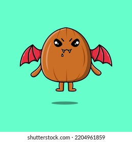 Cute mascot cartoon Almond nut character as dracula with wings in cute modern style