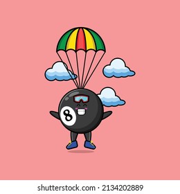 Cute mascot cartoon Billiard ball is skydiving with parachute and happy gesture cute modern style