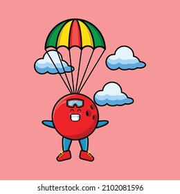 Cute mascot cartoon Bowling ball is skydiving with parachute and happy gesture cute modern style design for t-shirt, sticker, logo element