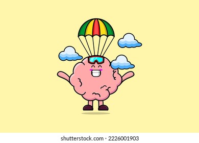 Cute mascot cartoon Brain is skydiving with parachute and happy gesture illustration