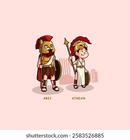 cute mascot cartoon bundle of greek gods athena and ares standing guard ready for battle