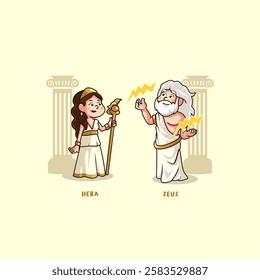 Cute mascot cartoon bundle of the Greek god Zeus showing his lightning powers in front of Hera