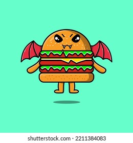 Cute mascot cartoon Burger character as dracula with wings in cute modern style