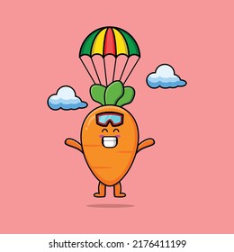 Cute mascot cartoon Carrot is skydiving with parachute and happy gesture cute modern style design