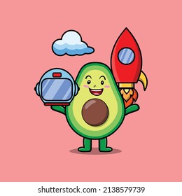 Cute mascot cartoon character Avocado as astronaut with rocket, helm, and cloud in cute style