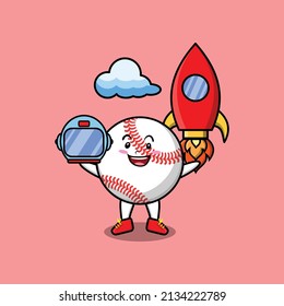 Cute mascot cartoon character Baseball ball as astronaut with rocket, helm, and cloud