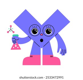 Linda mascota. Personaje de dibujos animados con vaso de precipitados. Laboratorio químico. Investigación química. Comprobación del examen. Estudiante sorprendido. Tubo de ensayo. Análisis de laboratorio. Educación escolar. Vector químico inteligente abstracto