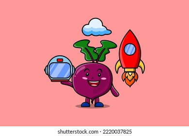 Cute mascot cartoon character Beetroot as astronaut with rocket, helm, and cloud in cute style