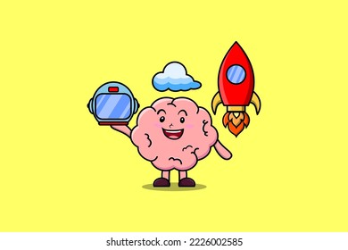 Cute mascot cartoon character Brain as astronaut with rocket, helm, and cloud in cute style