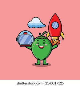 Cute mascot cartoon character Coconut as astronaut with rocket, helm, and cloud in cute style