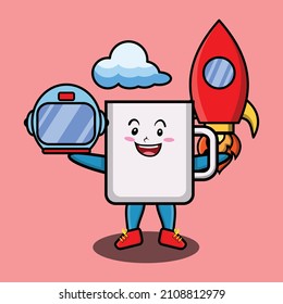 Cute mascot cartoon character Coffee tea cup as astronaut with rocket, helm, and cloud in cute style for t-shirt, sticker, logo element, poster
