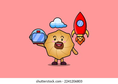 Cute mascot cartoon character Cookies as astronaut with rocket, helm, and cloud in cute style