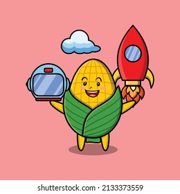 Cute mascot cartoon character Corn as astronaut with rocket, helm, and cloud in cute style