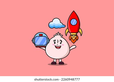 Cute mascot cartoon character Dim sum as astronaut with rocket, helm, and cloud in cute style