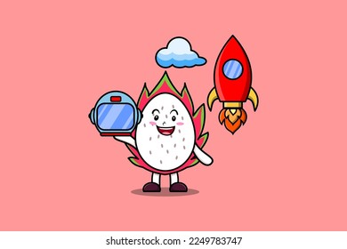 Cute mascot cartoon character Dragon fruit as astronaut with rocket, helm, and cloud in cute style