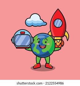 Cute mascot cartoon character Earth as astronaut with rocket, helm, and cloud in cute style