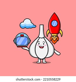 Cute mascot cartoon character Garlic as astronaut with rocket, helm, and cloud in cute style