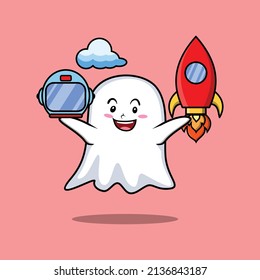 Cute mascot cartoon character Ghost as astronaut with rocket, helm, and cloud