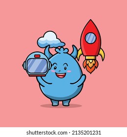 Cute mascot cartoon character Goblin monster as astronaut with rocket, helm, and cloud