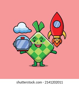 Cute mascot cartoon character Ketupat as astronaut with rocket, helm, and cloud in cute style