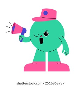 Cute mascot. Cartoon character with loudspeaker. Retro emoji. Bright circle emoticon with hands and legs. Megaphone attention message. Happy smile face. Marketing announce. Vector abstract speaker