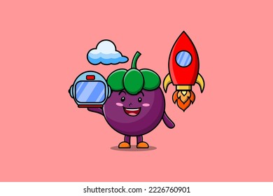 Cute mascot cartoon character Mangosteen as astronaut with rocket, helm, and cloud in cute style