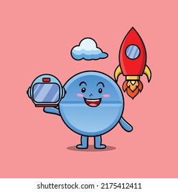 Cute mascot cartoon character Pill medicine as astronaut with rocket, helm, and cloud in cute style