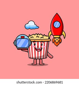 Cute mascot cartoon character Popcorn as astronaut with rocket, helm, and cloud in cute style