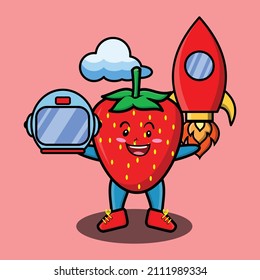 Cute mascot cartoon character Strawberry as astronaut with rocket, helm, and cloud in cute style for t-shirt, sticker, logo element, poster