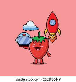 Cute mascot cartoon character Strawberry as astronaut with rocket, helm, and cloud in cute style