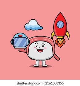 Cute mascot cartoon character Sushi as astronaut with rocket, helm, and cloud in cute style