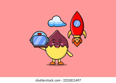 Cute mascot cartoon character Sweet potato as astronaut with rocket, helm, and cloud in cute style