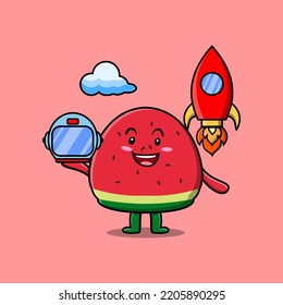 Cute mascot cartoon character Watermelon as astronaut with rocket, helm, and cloud in cute style