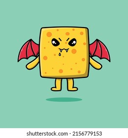 Cute mascot cartoon Cheese character as dracula with wings in cute modern style