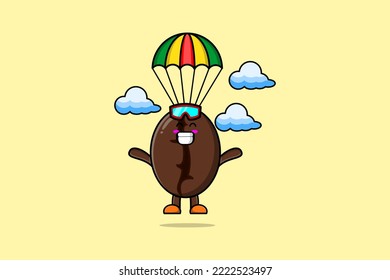 Cute mascot cartoon Coffee beans is skydiving with parachute and happy gesture illustration