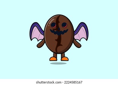 Cute mascot cartoon Coffee beans character Scary bats pumpkin halloween illustration