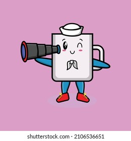 Cute mascot cartoon Coffee tea cup sailor with hat and using binocular cute modern style design for t-shirt, sticker, logo element