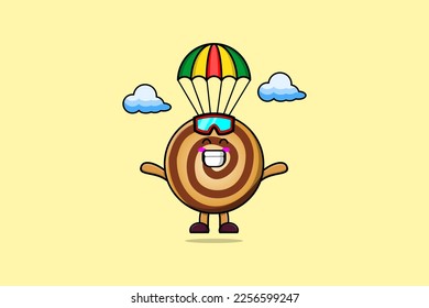 Cute mascot cartoon Cookies is skydiving with parachute and happy gesture illustration