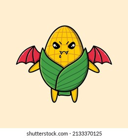 Cute mascot cartoon Corn character as dracula with wings in cute modern style