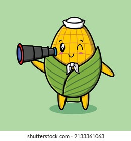 Cute mascot cartoon Corn sailor with hat and using binocular cute modern style design 