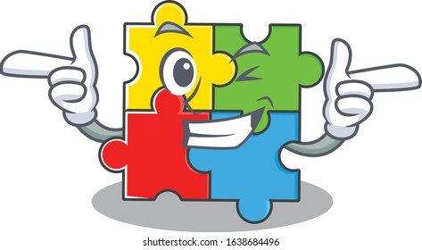 Cute mascot cartoon design of puzzle toy with Wink eye