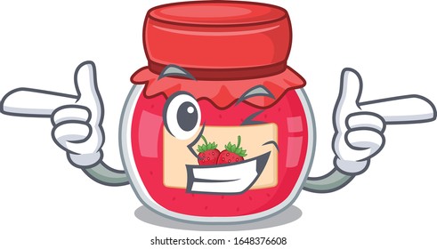 Cute mascot cartoon design of strawberry jam with Wink eye