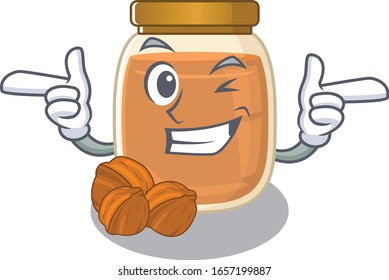 Cute mascot cartoon design of walnut butter with Wink eye