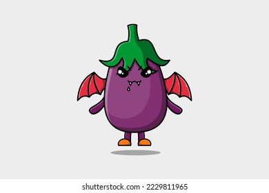 Cute mascot cartoon Eggplant character as dracula with wings in cute modern style