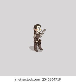 
Cute mascot cartoon of elf vampire knight ready for battle while carrying a sword