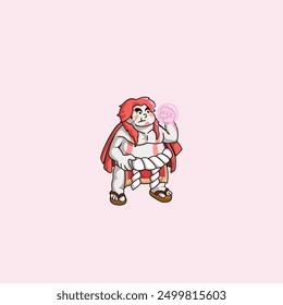 Cute mascot cartoon of a fat man like a sumo player with pink hair with clenched fists