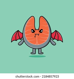 Cute mascot cartoon Fresh salmon character as dracula with wings in cute modern style