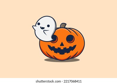 Cute mascot cartoon ghost character out from Scary pumpkin halloween illustration