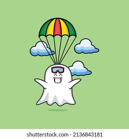 Cute mascot cartoon Ghost is skydiving with parachute and happy gesture cute modern style design