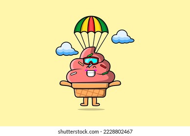Cute mascot cartoon Ice cream is skydiving with parachute and happy gesture illustration